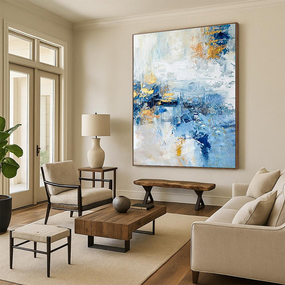 Handmade Art Cool Abstract Paintings with Blue, White, Gold Textured Layers - Acrylic Modern Art Painting HS538