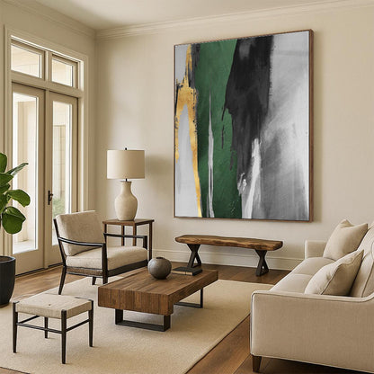 Handmade Art Oversized Abstract Wall Art with Green, Black, Gray, Gold Textured Brushstrokes - Acrylic Modern Art Painting HS536
