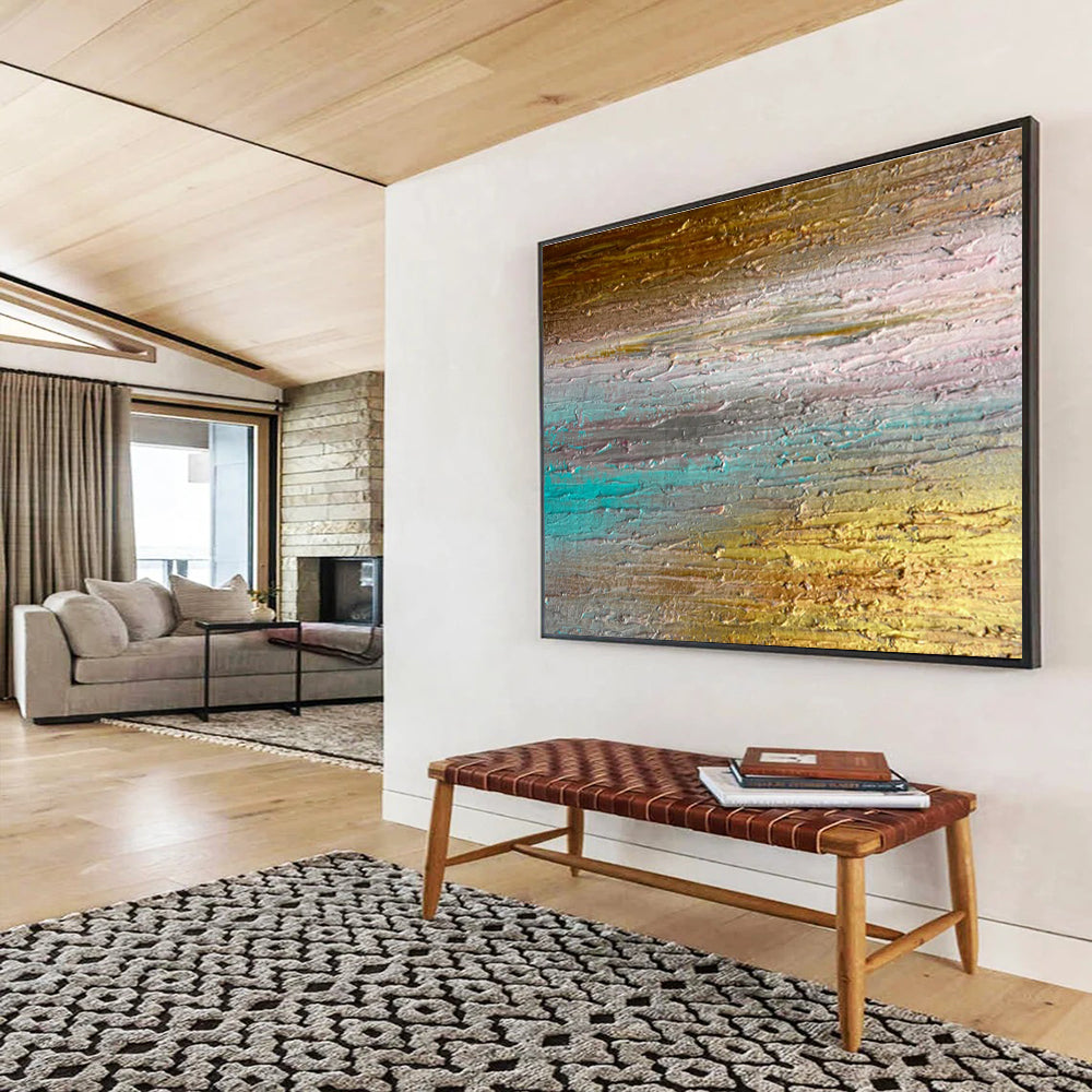 Gold, Teal, Gray Abstract Textured Striped Art For Sale WB392