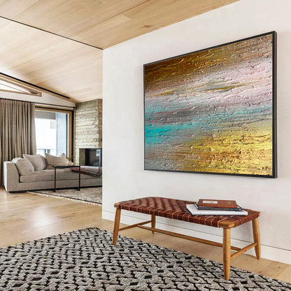 Gold, Teal, Gray Abstract Textured Striped Art For Sale WB392