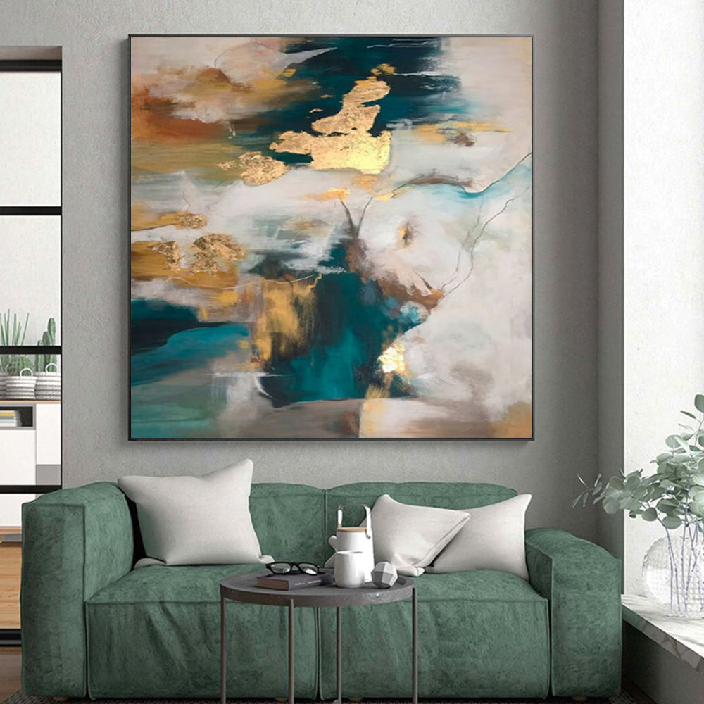 Acrylic Modern Art Paintings Teal, Gold, and Neutral Abstract Composition HS649