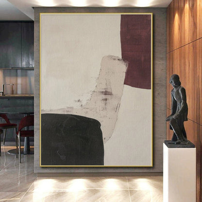 Hand-Painted Black, Beige, and Maroon Abstract Shape Painting For Sale HS025