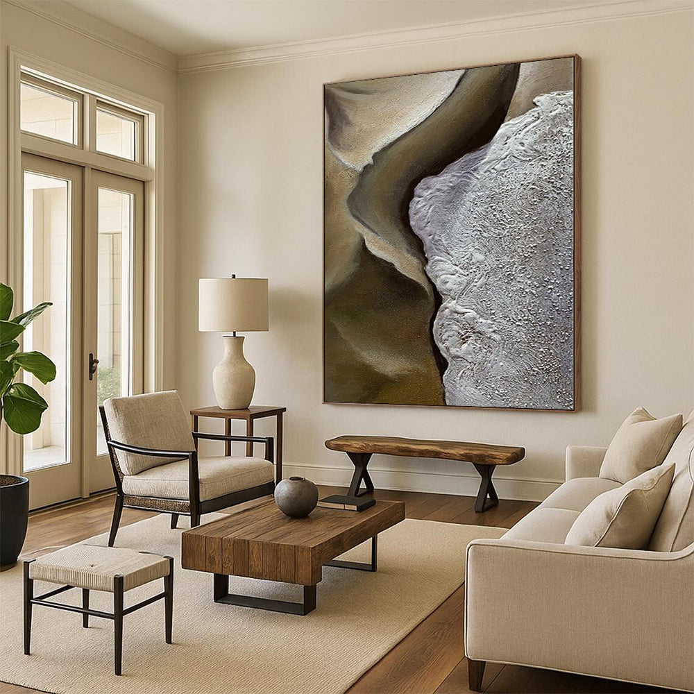 Hand-Painted Brown and Gray Textured Abstract Landscape-like Painting For Sale HS008