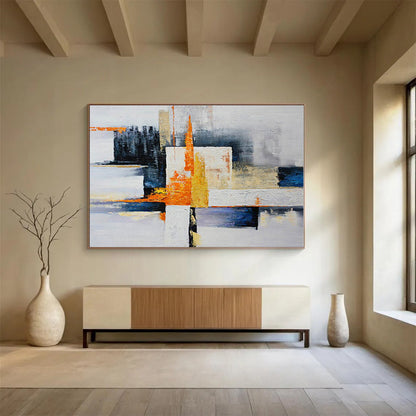 Large Size Orange, Yellow, Blue and White Abstract Geometric Painting WB065