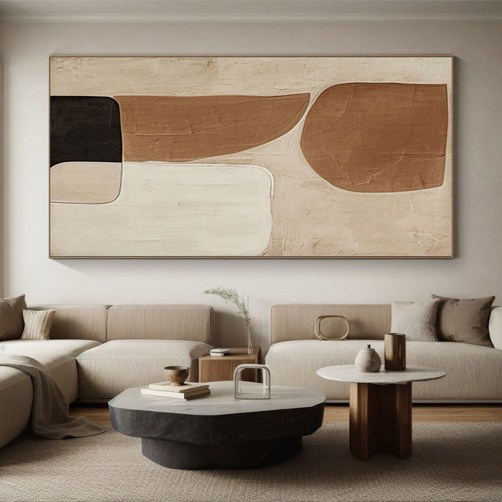 Hand Painting Beige, Brown, and Black Abstract Shape Painting For Sale HS079