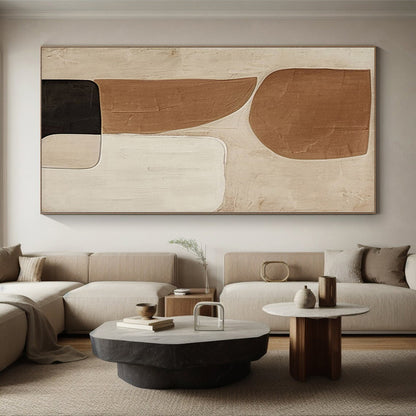 Hand Painting Beige, Brown, and Black Abstract Shape Painting For Sale HS079