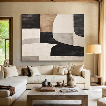 Unique Abstract Art Black, Beige, and Gray Geometric Abstract Art HS763