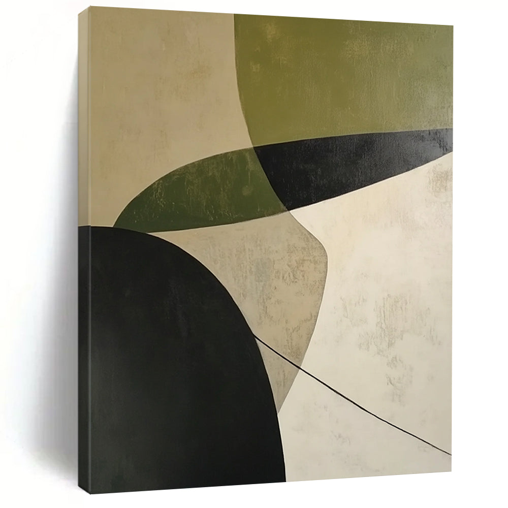 Handmade Art Green, Black, and Beige Geometric Abstract Art HS188