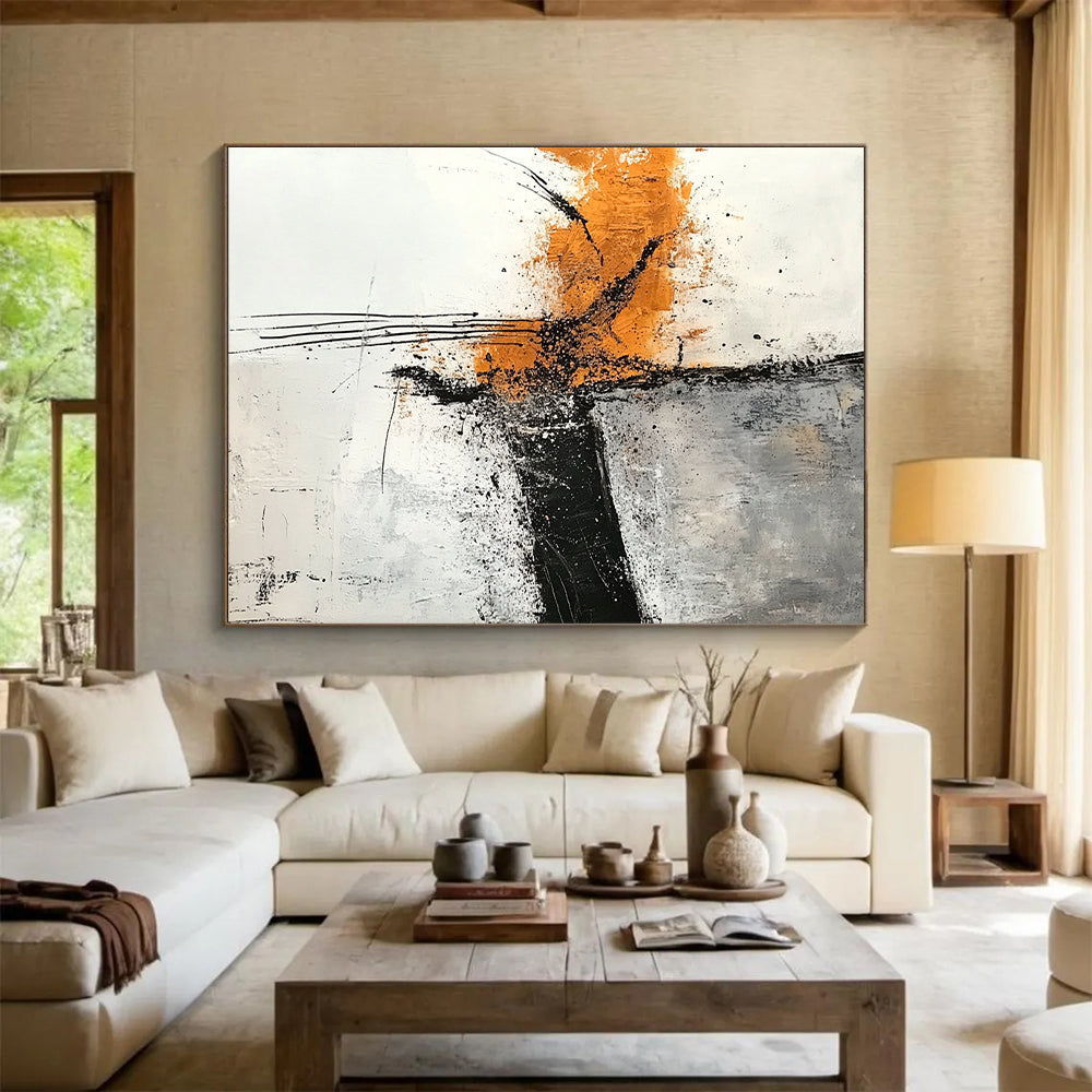 Hand-Painted Orange, Black, and White Abstract Expressive Painting For Sale HS111