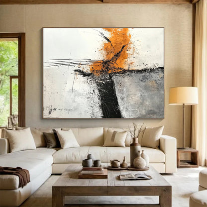 Hand-Painted Orange, Black, and White Abstract Expressive Painting For Sale HS111