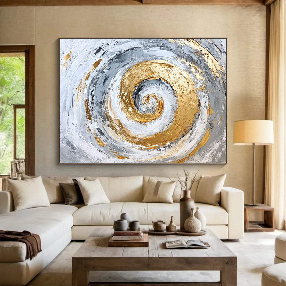 Large Contemporary Wall Art Gray, White, and Gold Abstract Spiral Painting For Sale HS138