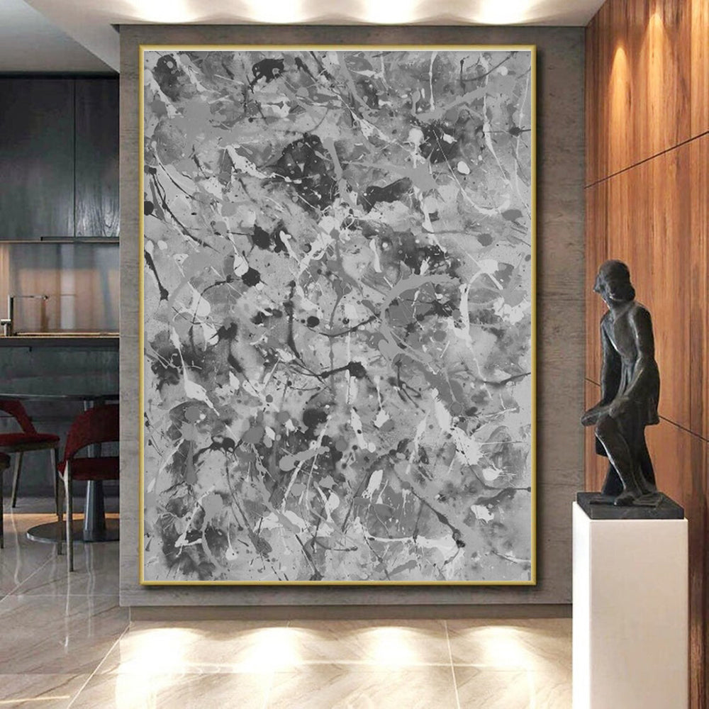 Unique Abstract Art Gray Splatter Abstract, Large Contemporary Wall Art HS459