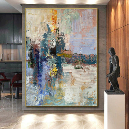 Acrylic Modern Art Paintings Blue, Gold, and Pink Textured Abstract Painting On Canvas HS772