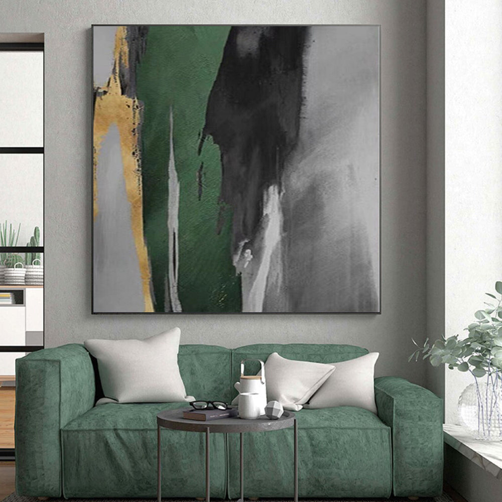 Hand-Painted Green, Black, and Gold Abstract Vertical Strokes Painting For Sale HS002