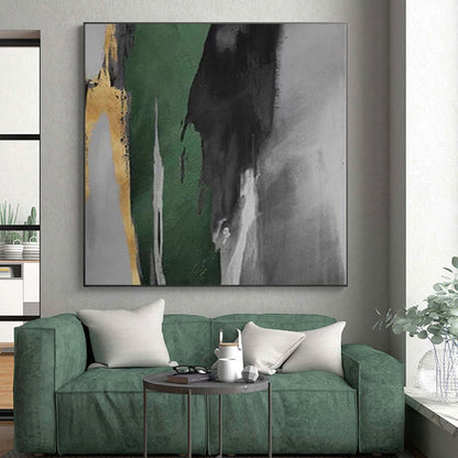 Hand-Painted Green, Black, and Gold Abstract Vertical Strokes Painting For Sale HS002