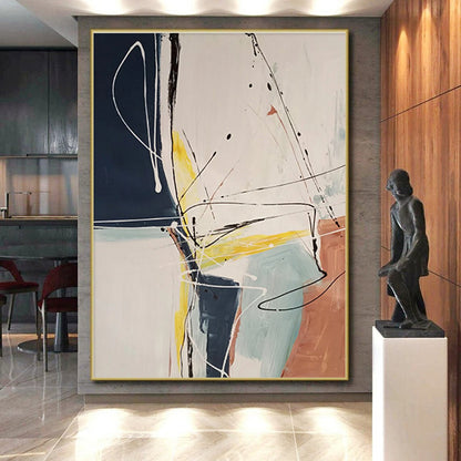 Hand-Painted Navy, Yellow & Terracotta Gestural Abstract, Acrylic Modern Art Painting HS211