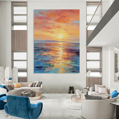 Orange, Pink, and Blue Abstract Seaside Sunset Painting For Sale Online WS481