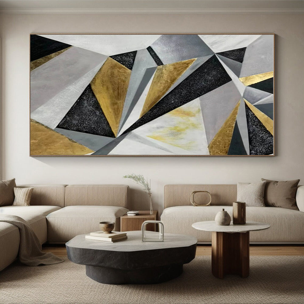 Modern Art Acrylic Gold, Gray & Black Geometric Abstract Art HS410