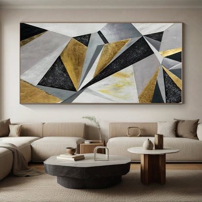 Modern Art Acrylic Gold, Gray & Black Geometric Abstract Art HS410