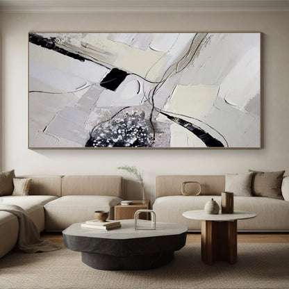 Hand-Painted Gray, White, and Black Abstract Textured Line Painting For Sale HS034