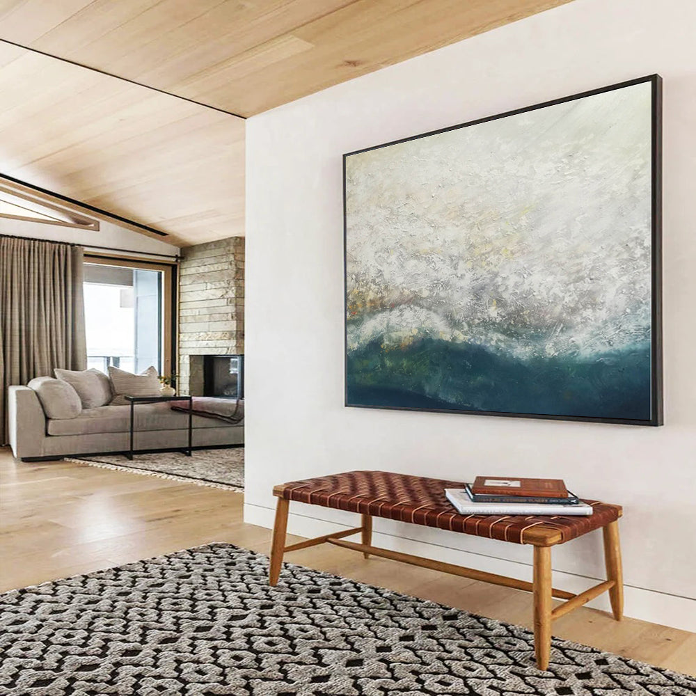 Large Size White and Teal Abstract Ocean Wave Painting WB081