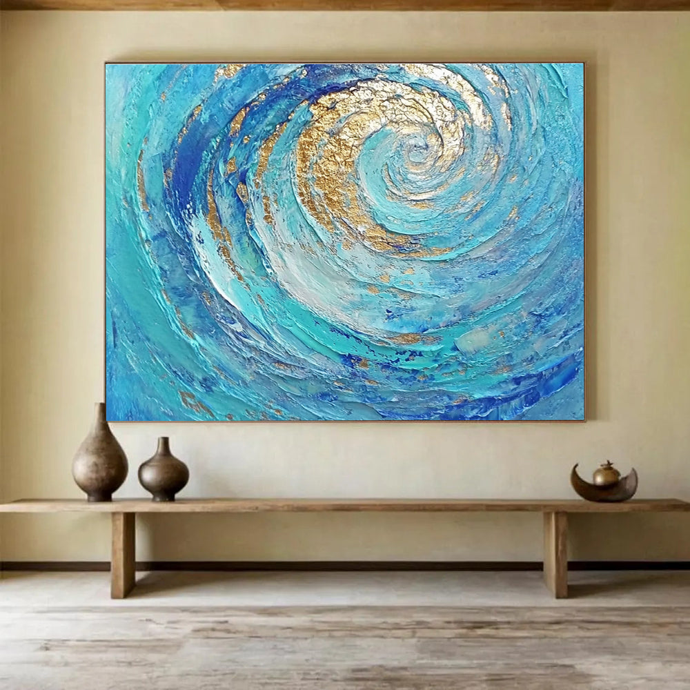Oversized Canvas Art in Blue and Gold Textured Spiral Abstract Style WB257