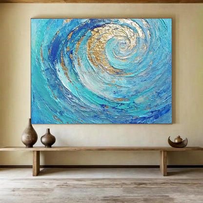 Oversized Canvas Art in Blue and Gold Textured Spiral Abstract Style WB257