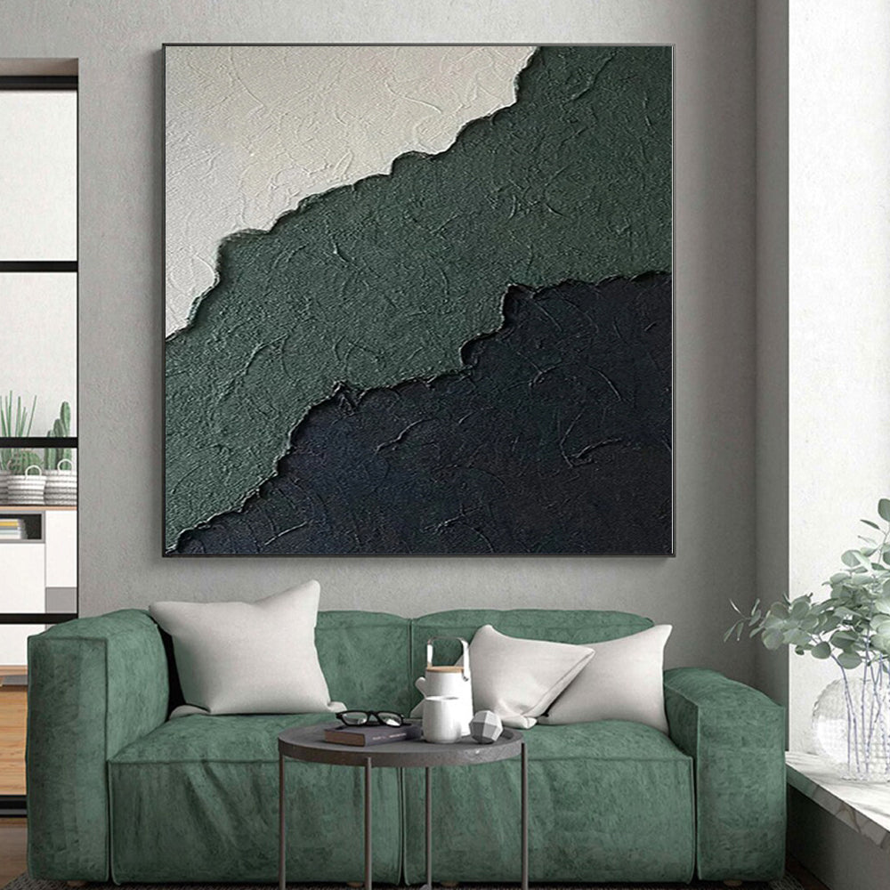 Hand-Painted Green, Black, and White Textured Abstract Layer Painting For Sale HS047