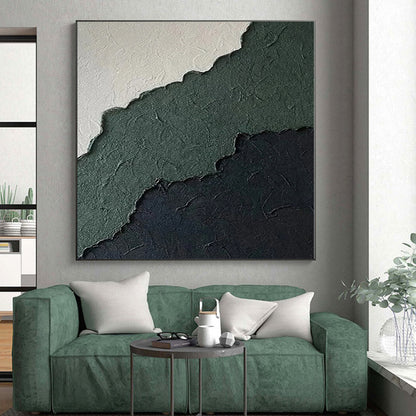 Hand-Painted Green, Black, and White Textured Abstract Layer Painting For Sale HS047