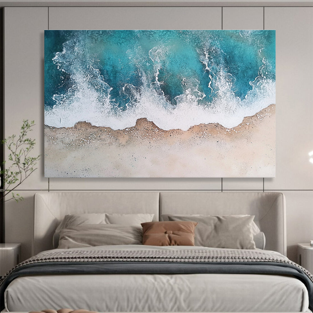 Big Size Teal, White, and Beige Textured Abstract Seashore - Acrylic Painting WB290