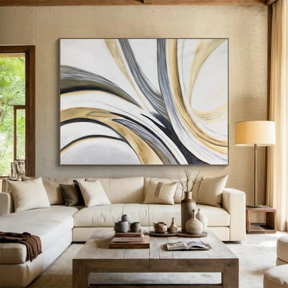 Hand-Painted Gold, Gray & Black Abstract Flowing Shape Art HS407