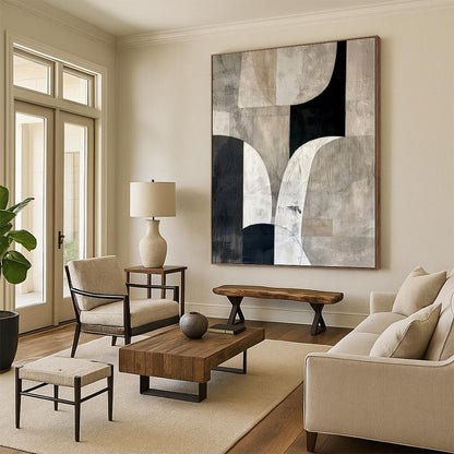 Hand-Painted Black, White, and Beige Abstract Geometric Shape Painting For Sale HS062