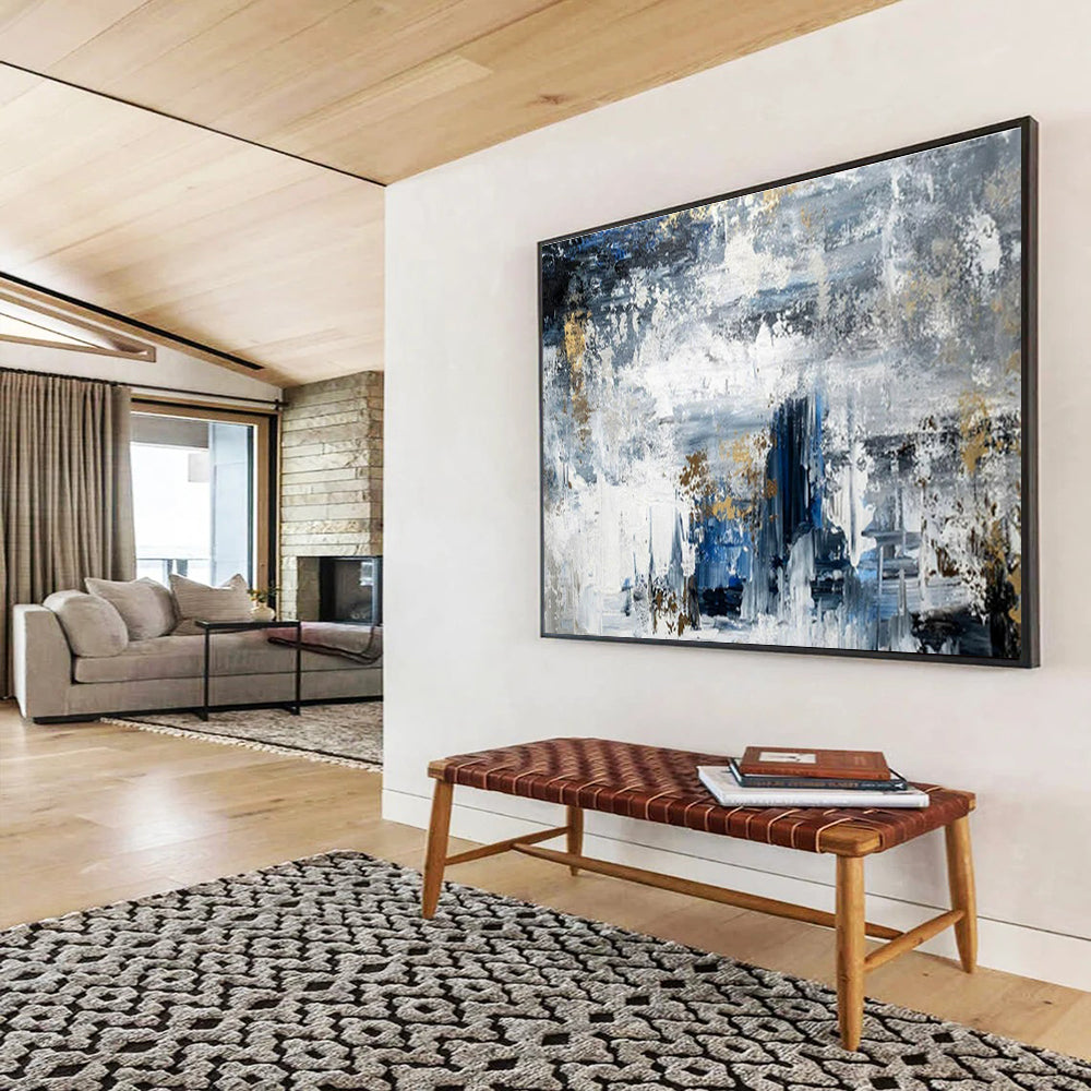 Blue, White, Gold Abstract Splash Art For Sale WB372