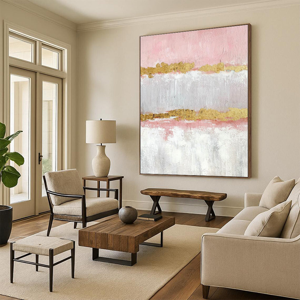 Hand-Painted Pink & Gold Textured Abstract, Acrylic Modern Art Painting HS347