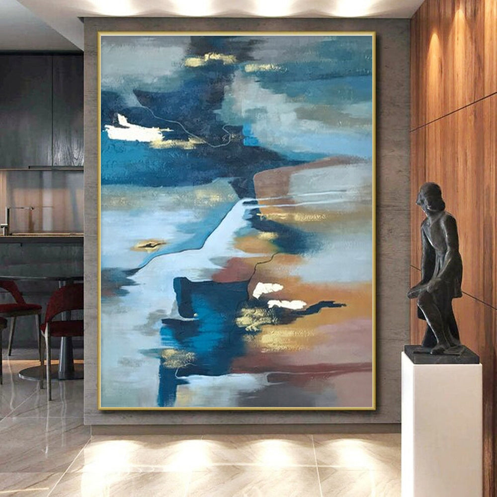 Large Contemporary Wall Art Blue, Brown, and Gold Abstract Composition HS652