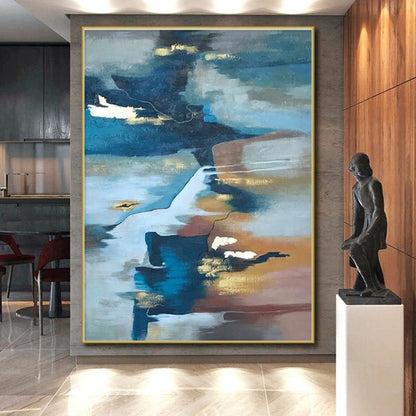 Large Contemporary Wall Art Blue, Brown, and Gold Abstract Composition HS652