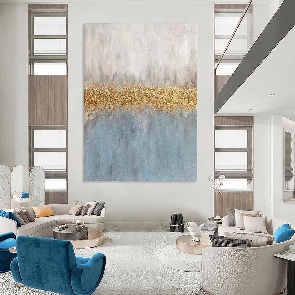 Blue, Gray, and Gold Abstract Color Block Painting For Sale WS508
