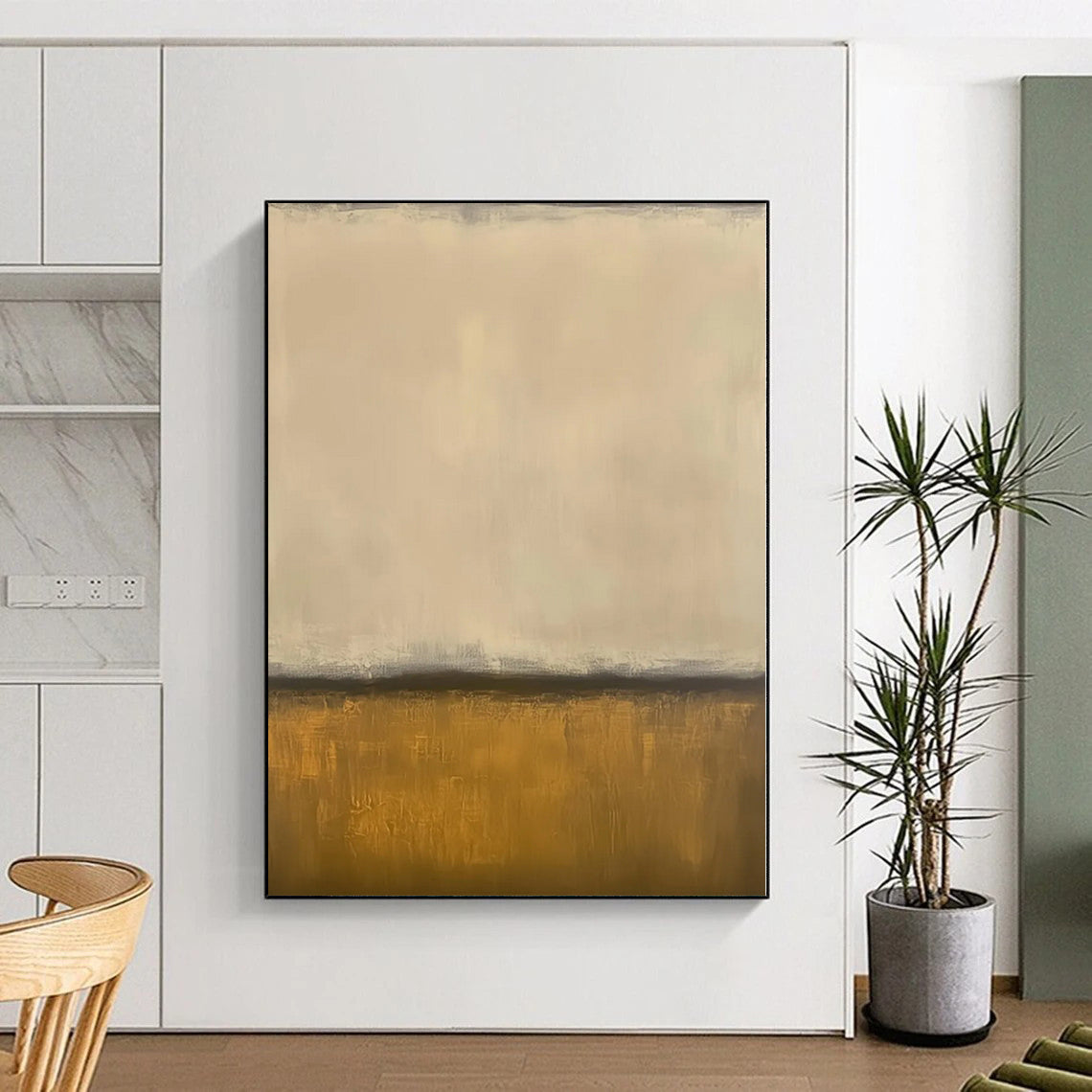 Hand-Painted Beige and Gold Abstract Minimalist Painting For Sale HS053