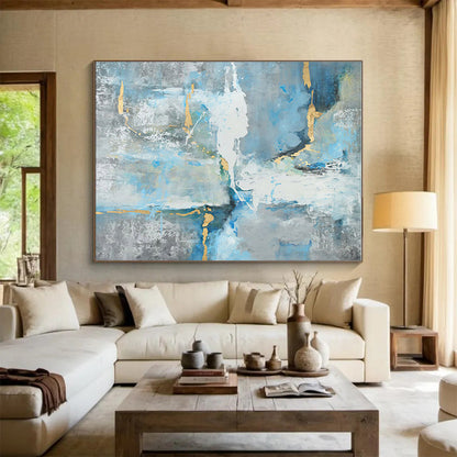 Oversized Canvas Art Blue, Gray and Gold Abstract Expressionist Painting WB132