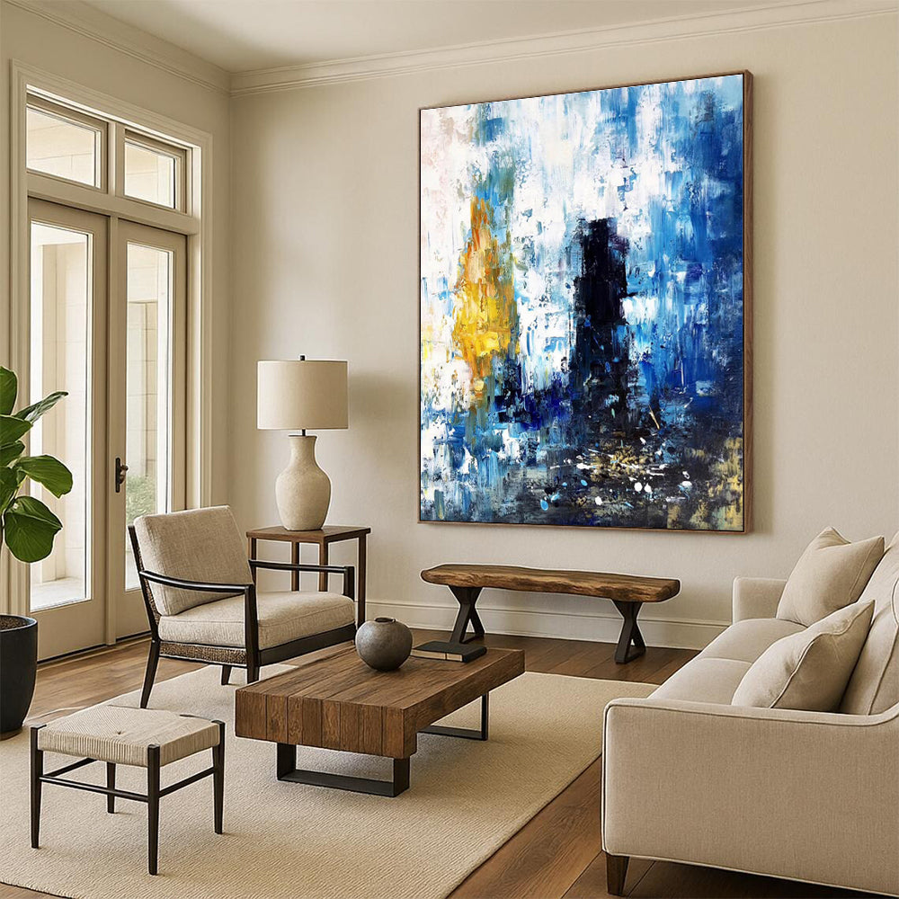 Hand-Painted Blue, Yellow & Black Gestural Abstract, Acrylic Modern Art Painting HS432