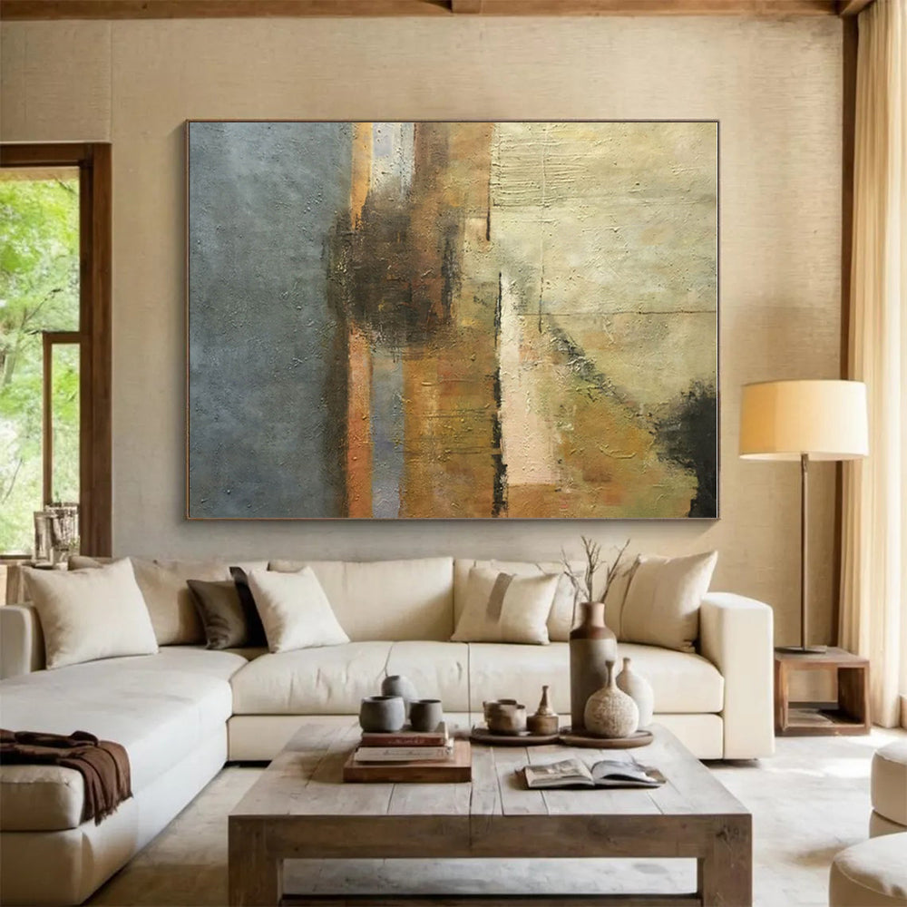 Handmade Art Beige, Brown & Gray Abstract Geometric Composition HS384