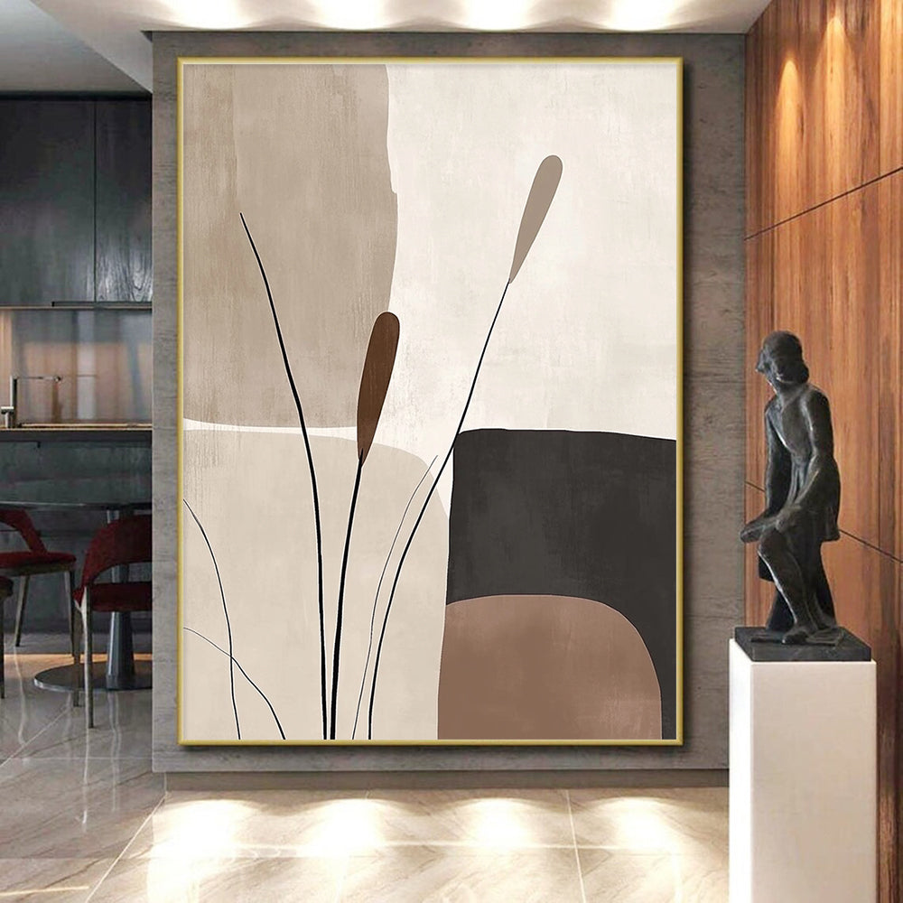 Handmade Art Beige, Brown, and Black Abstract Nature Painting For Sale HS135