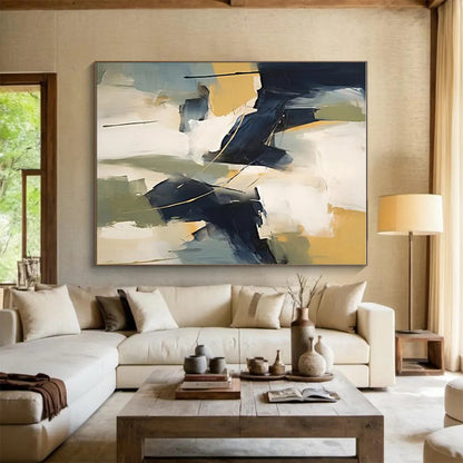 Hand-Painted Navy, Yellow & White Gestural Abstract, Acrylic Modern Art Painting HS230