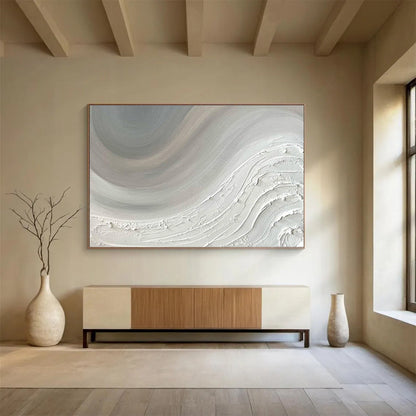 Modern Art Abstract Paintings: Monochromatic White Textured Wave Abstract Painting WB343