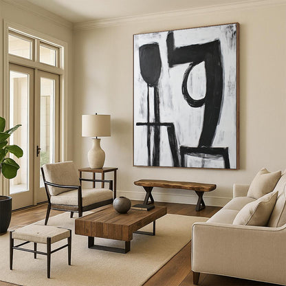 Hand-Painted Black and White Geometric Abstract Art HS194