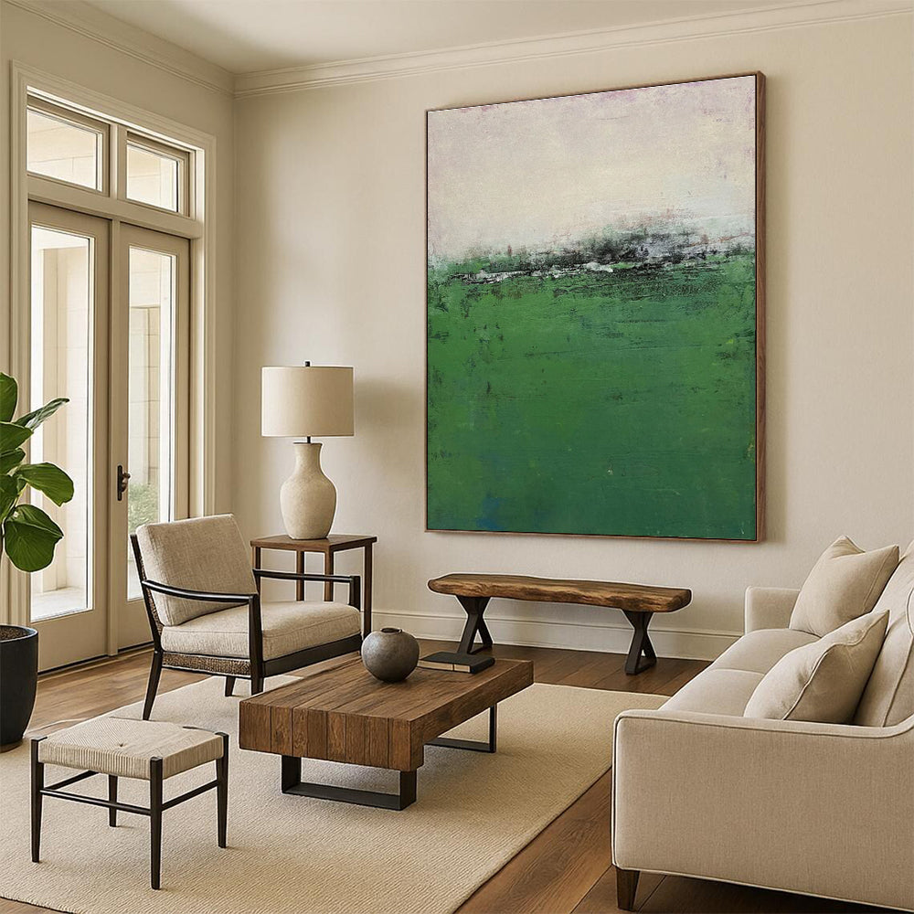 Hand-Painted Minimalist Canvas Art with Green, Gray, Beige Textured Fields - Acrylic Modern Art Painting HS539