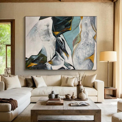 Hand-Painted Teal, Gray & Yellow Abstract Mountain Landscape Art HS401