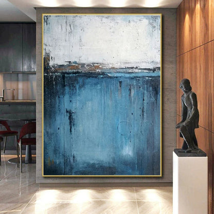 Large Contemporary Wall Art Blue and White Textured Abstract Landscape HS603