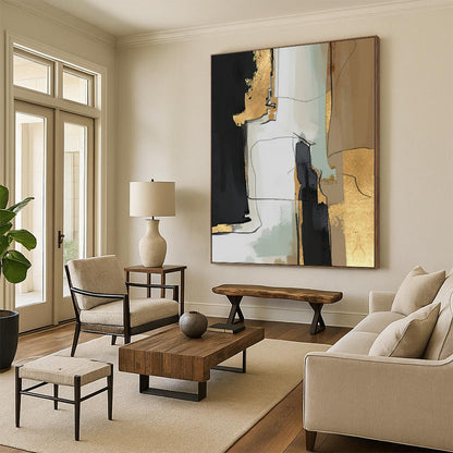 Hand Painting Black, Gold, and Beige Abstract Textured Painting For Sale HS088