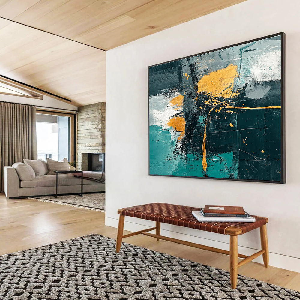 Contemporary Abstract Painting with Teal, Gold, Black and White Colors, Expressive Abstract Theme WB327